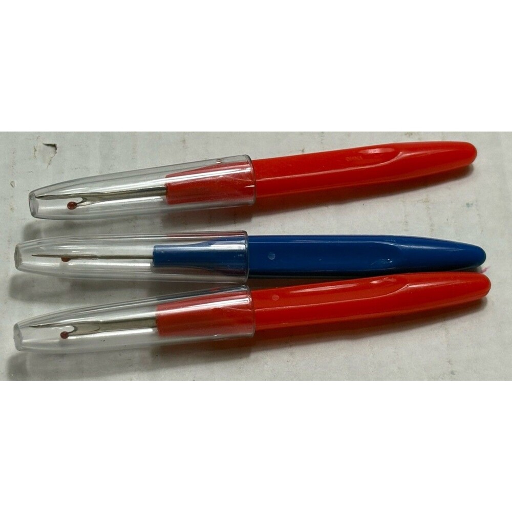 of 3 Vintage Style Seam Rippers Sewing Tools Red Blue Handles w Caps